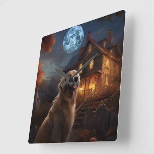 Golden Retriever Halloween Beängstigend Quadratische Wanduhr