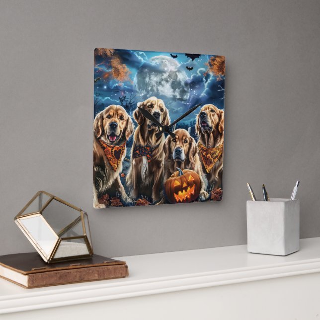 Golden Retriever Halloween Spooky Quadratische Wanduhr (Büro)
