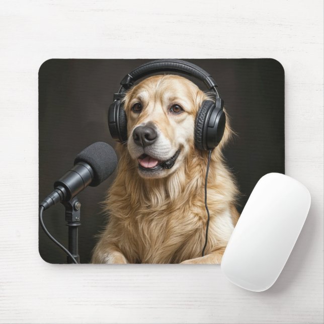 Golden Retriever Hosting a Podcast Mousepad (Mit Mouse)