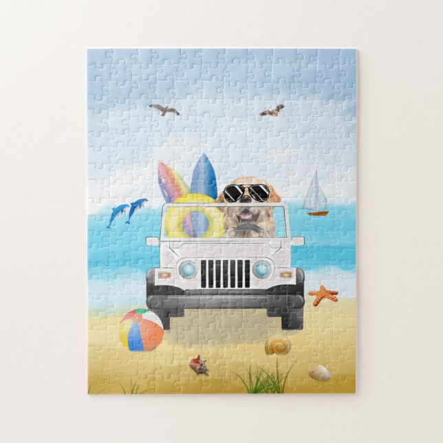 Golden Retriever Hund Autofahren am Strand Puzzle (Vertikal)