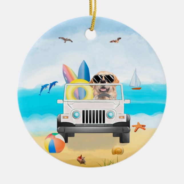 Golden Retriever Hund Driving on Beach Keramik Ornament (Vorne)