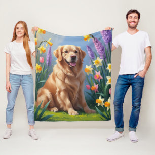 Golden-Retriever-Hund-Frühlingsblumen-Gemälde Fleecedecke