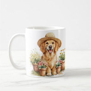 Golden Retriever Hund Gärtnern Blumenkübel Kaffeetasse