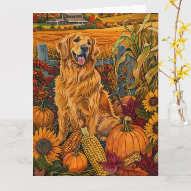 Golden Retriever Hund Herbst Ernte Erntedank Karte (Gelbe Blume)