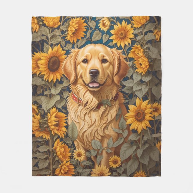 Golden Retriever Hund im Sonnenblumenfeld Fleecedecke (Vorderseite)