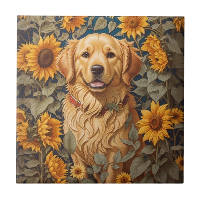 Golden Retriever Hund im Sonnenblumenfeld Fliese (Vorderseite)