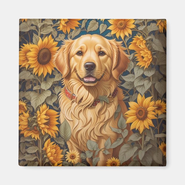 Golden Retriever Hund im Sonnenblumenfeld Magnet (Vorne)