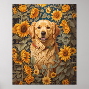 Golden Retriever Hund im Sonnenblumenfeld Poster