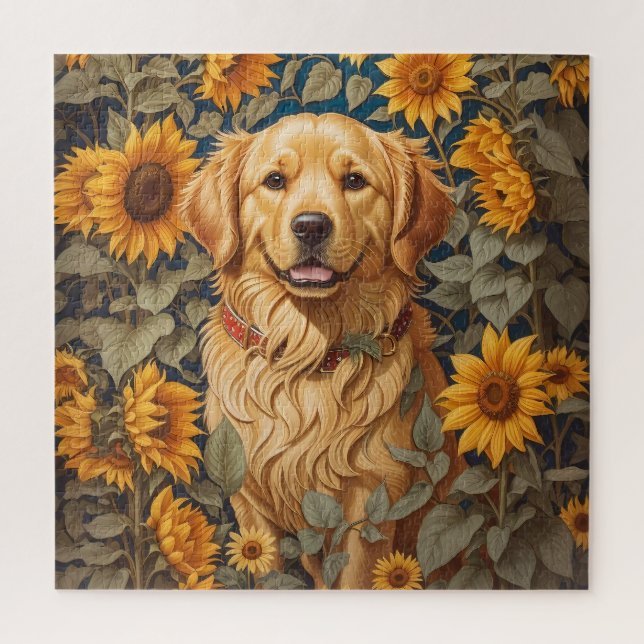 Golden Retriever Hund im Sonnenblumenfeld Puzzle (Vertikal)