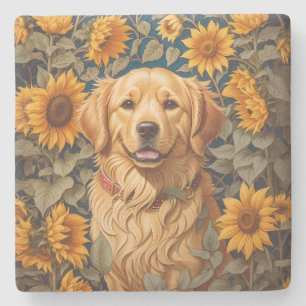 Golden Retriever Hund im Sonnenblumenfeld Steinuntersetzer