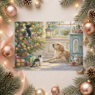 Golden Retriever Hund Kätzchen Weihnachtsbaum Feiertagskarte
