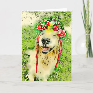 Golden Retriever Hund mit Blume Crown Watercolor Karte