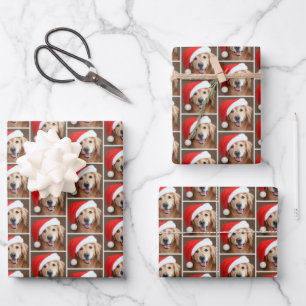 Golden Retriever Hund mit roter Weihnachtsmannmütz Geschenkpapier Set