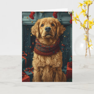Golden Retriever Hund mit Weihnachtsgeschenk Kamin Karte