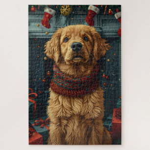 Golden Retriever Hund mit Weihnachtsgeschenk Kamin Puzzle