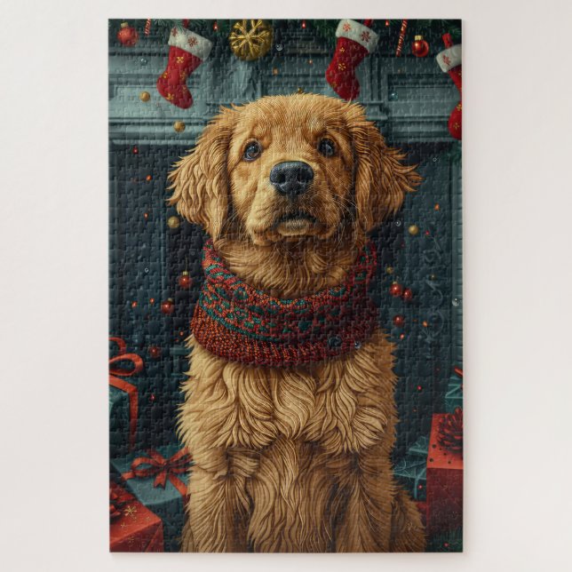 Golden Retriever Hund mit Weihnachtsgeschenk Kamin Puzzle (Vertikal)
