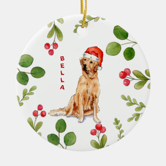 Golden Retriever Hund mit Weihnachtsmannmütze Keramik Ornament (Vorne)