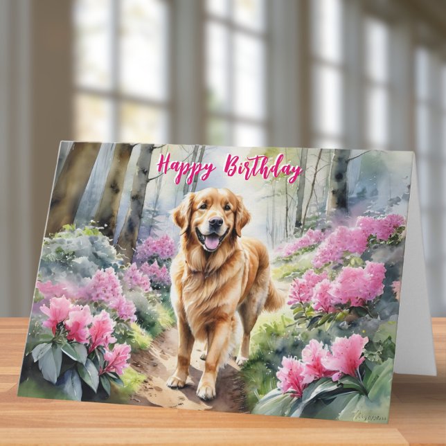 Golden Retriever Hund Pink Blume Glücklich Geburts Karte (A birthday card with picture of a golden retriever dog by rhododendrons, in a watercolor style)