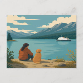 Golden Retriever Hund Seelandschaft Berg Fährszene Postkarte