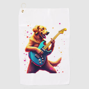 Golden Retriever Hund spielt E-Gitarre Rock Golfhandtuch