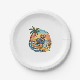 Golden Retriever Hund Surft Surfboard Sonnenunterg Pappteller