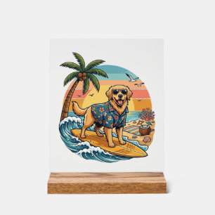 Golden Retriever Hund Surft Surfbrett Sonnenunterg Acrylschild