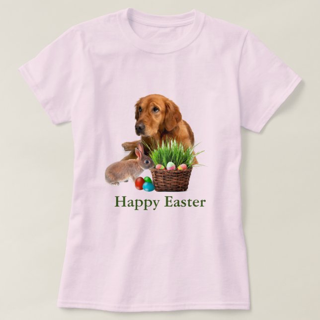 Golden Retriever Hund und Rabbit Pink T-Shirt (Design vorne)