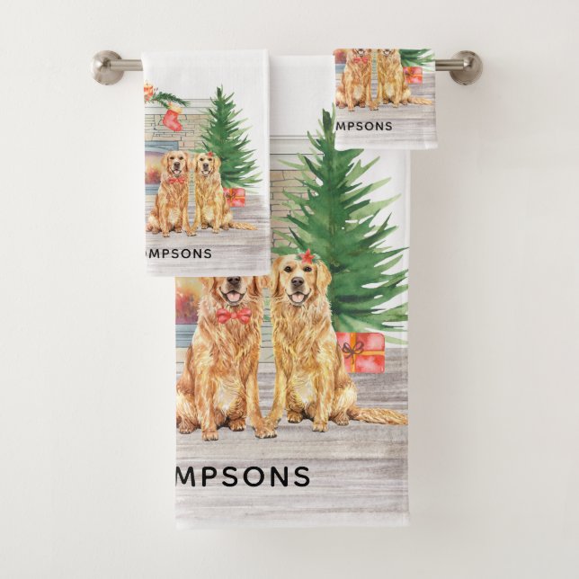 Golden Retriever Hund Weihnachten Feuerplatz Szene Badhandtuch Set (Insitu)