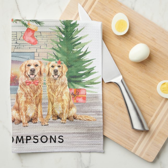 Golden Retriever Hund Weihnachten Feuerplatz Szene Geschirrtuch (Viertel Falte)