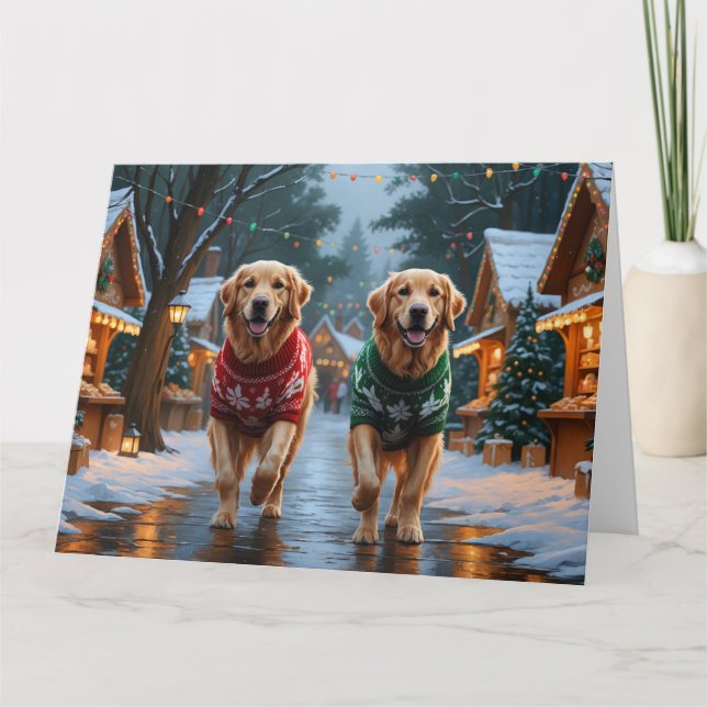 Golden Retriever Hunde Weihnachtsschnee Urlaub Karte (Vorderseite)