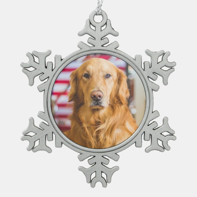 Golden Retriever Hundeportrait Schneeflocken Zinn-Ornament (Vorderseite)