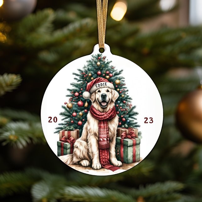 Golden Retriever Illustration Weihnachtsbaumdekor Keramik Ornament (Beautiful Customizable Christmas Ornament with Golden Retriever in Vibrant Watercolor Design Cute )
