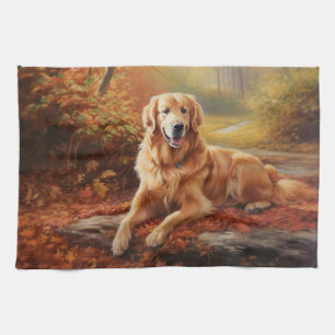 Golden Retriever im Herbstlaubfall inspiriert Geschirrtuch