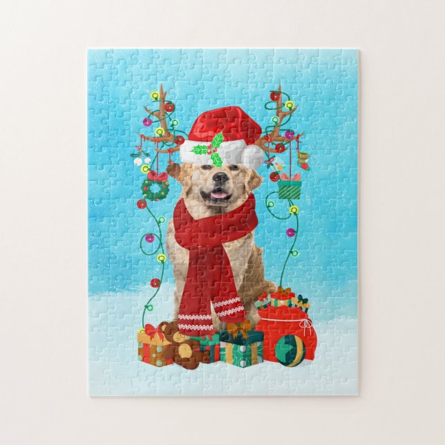 Golden Retriever im Schnee mit Weihnachtsgeschenke Puzzle (Vertikal)