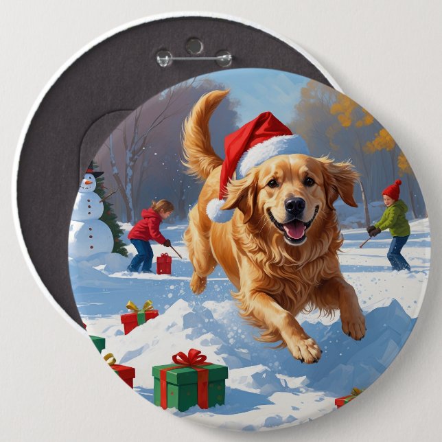 Golden Retriever im Schnee mit Weihnachtshut Button (Vorne & Hinten)