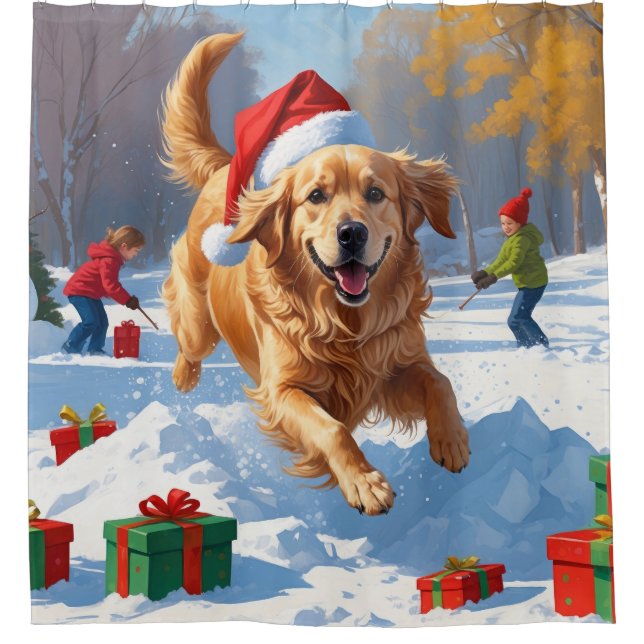 Golden Retriever im Schnee mit Weihnachtshut Duschvorhang (Vorderseite)