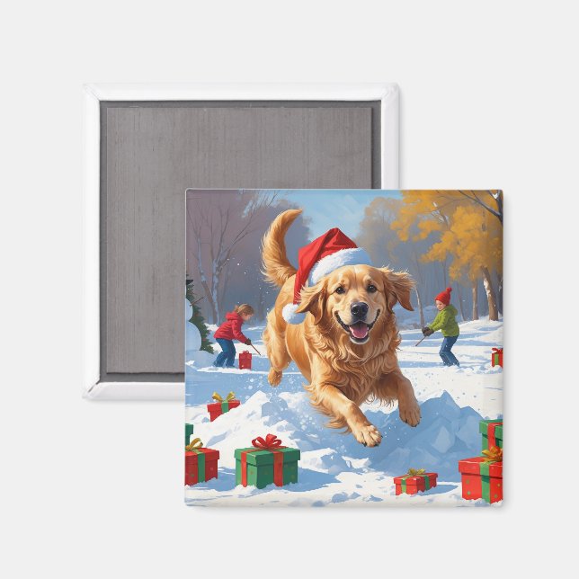 Golden Retriever im Schnee mit Weihnachtshut Magnet (Vorderseite/Rückseite)