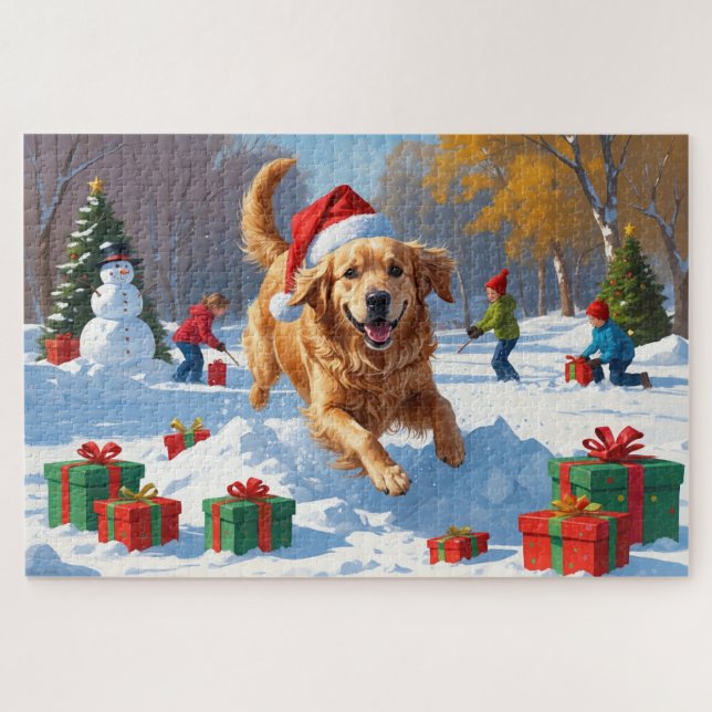 Golden Retriever im Schnee mit Weihnachtshut Puzzle (Horizontal)