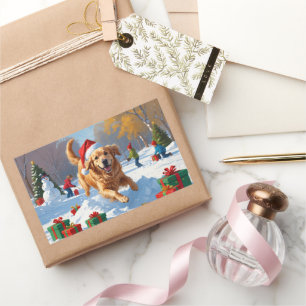 Golden Retriever im Schnee mit Weihnachtshut Rechteckiger Aufkleber