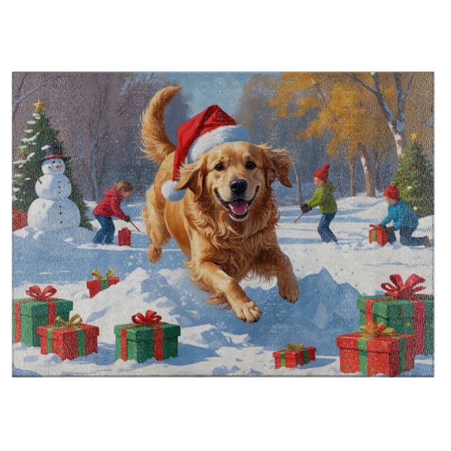Golden Retriever im Schnee mit Weihnachtshut Schneidebrett (Vorderseite)