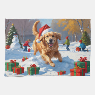 Golden Retriever im Schnee mit Weihnachtsmütze Geschirrtuch