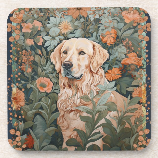 Golden Retriever im Stil von William Morris Getränkeuntersetzer (Vorderseite)