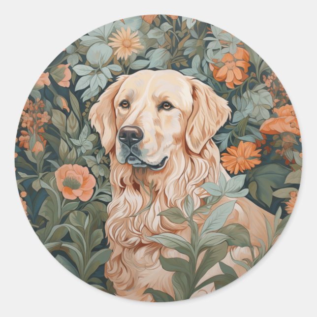 Golden Retriever im Stil von William Morris Runder Aufkleber (Vorderseite)