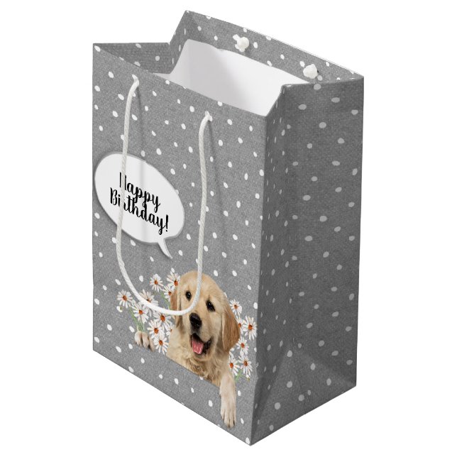 Golden Retriever in den Gängen auf Polka-Punkten Mittlere Geschenktüte (Vorderseite Schrägansicht)