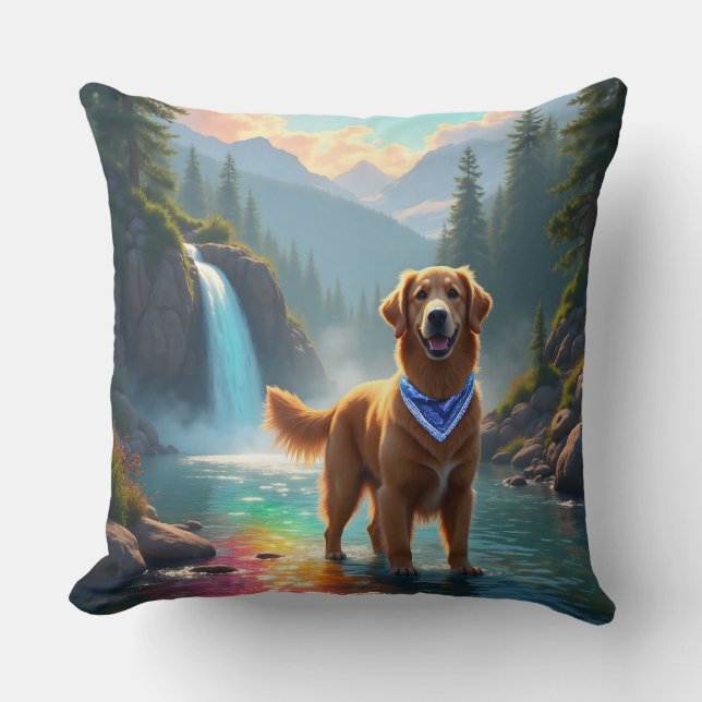 Golden Retriever in Fantasy Rainbow River Kissen (Vorderseite)