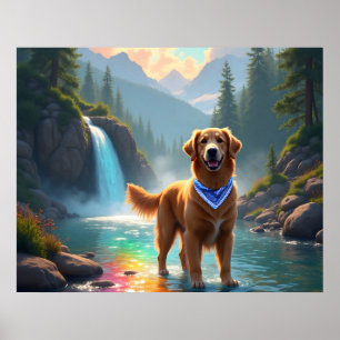 Golden Retriever in Fantasy Rainbow River Poster