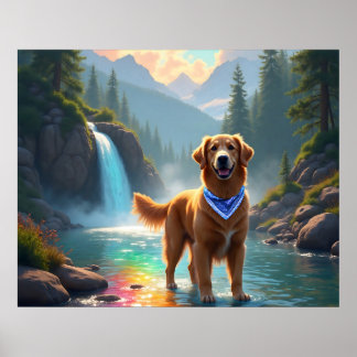 Golden Retriever in Fantasy Rainbow River Poster