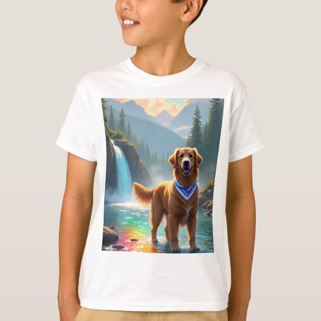 Golden Retriever in Fantasy Rainbow River T-Shirt (Vorderseite)