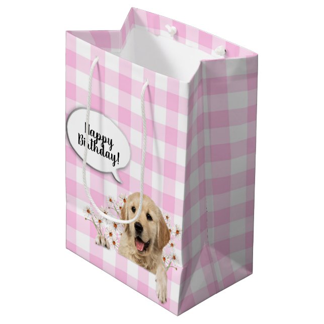 Golden Retriever in Gingham Mittlere Geschenktüte (Vorderseite Schrägansicht)