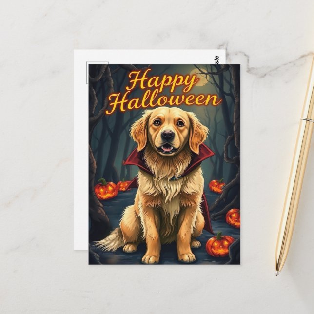 Golden Retriever in Hexenhut Halloween Niedlicher  Postkarte (Vorderseite/Rückseite Beispiel)
